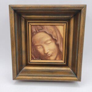 Vintage Signed & Framed Oil Painting Sepia-Toned Depicting Michelangelo's Mary